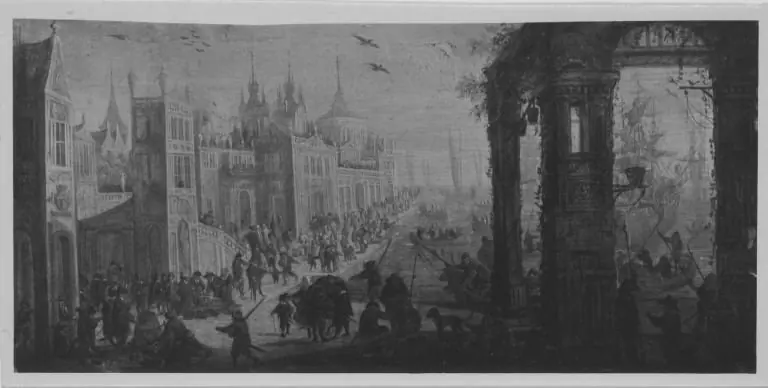 Ideale Stadtansicht mit Seehafen, by Unknown