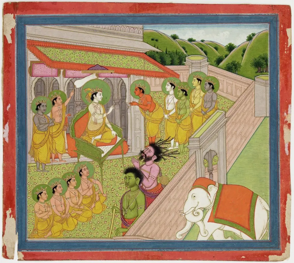 Illustrations to Life of Dhurva Maharaj: #14 Indra, King of Heaven is very anxious and afraid that Dhurva may win his throne by power. He consults the other Dev Kings, by Unknown