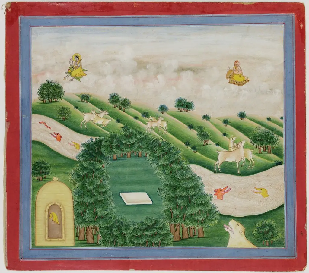 Illustrations to Life of Dhurva Maharaj: #21 Dhurva is shown flying on his throne, and on another, the greatest power in the world, Vishnu, by Unknown
