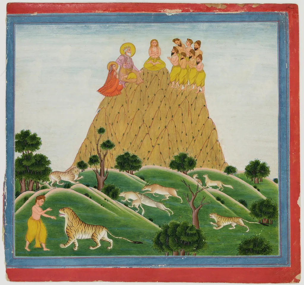 Illustrations to Life of Dhurva Maharaj: #23 Dhurva sits on the golden mountain in concentration and meets his parents and the 7 Rishis, by Unknown, unspecified, 1800