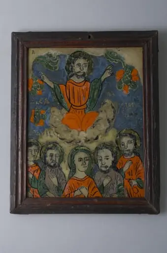 În registrul superior central, este reprezentat Iisus cu brațele larg deschise și binecuvântând, plutind pe norii slavei. În registrul inferior este redată central Fecioara Maria încadrată de grupul apostolilor, în dreapta ei Sfântul Petru cu cheia în mână, alături de un alt sfânt apostol, în stânga ei sfinții Pavel și Ioan. În registrul superior, de o parte și de cealaltă a lui Iisus este redat pe fundalul albastru elemente florale. Icoana are o ramă din lemn de brad cu elemente profilate pe latura interioară, grunduită. Cromatică: albastru; roșu pal; verde; oliv; negru și foiță de aur., by Unknown, 1850