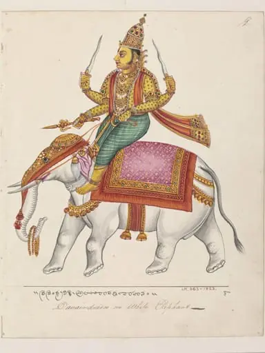 Indra, the god of storms, riding on a white elephant, Airavata., by Unknown
