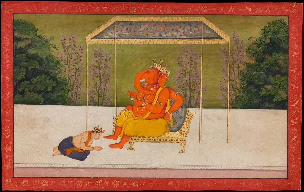 "Indra Worships the Elephant-Headed God Ganesha, Seated on a Throne." Folio from the Tehri Garhwal Series of the Gita Govinda, by Unknown