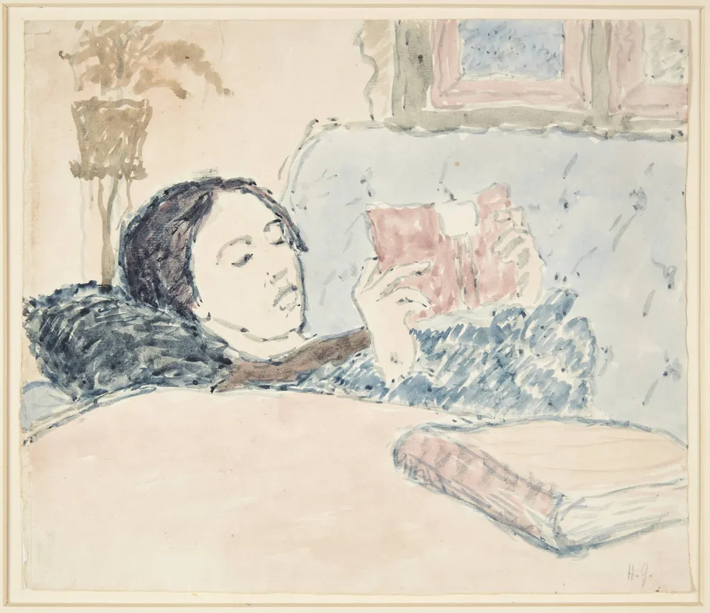 Interiør med en af kunstnerens søstre, der ligger og læser, by Unknown, unspecified, 1908