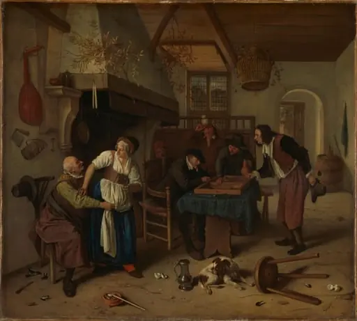 Interior of an inn with an old man amusing himself with the landlady and two men playing backgammon, known as 'Two kinds of games', by Unknown