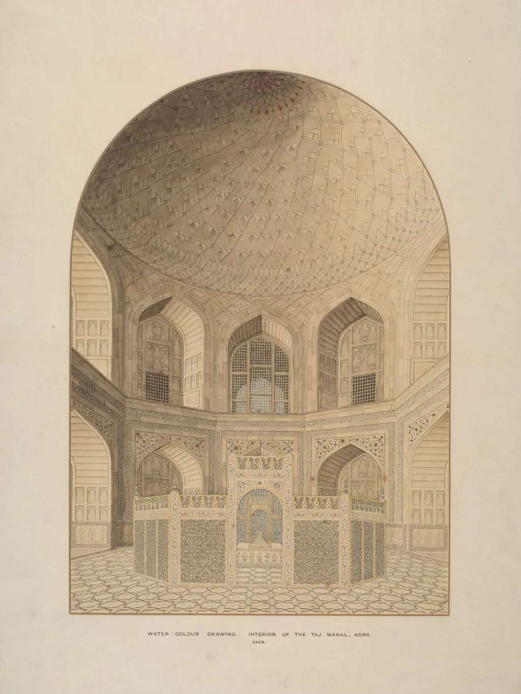 Interior of the Tomb Chamber, Taj Mahal, Agra, by Unknown, paint, 1820