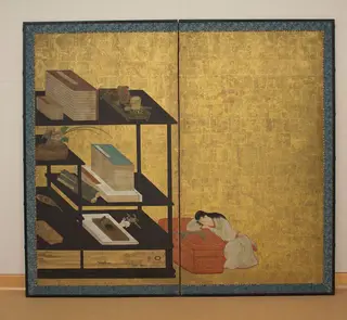 室内風俗図屏風|Interior Scene with Books and Writing Implements, by Unknown, 1640