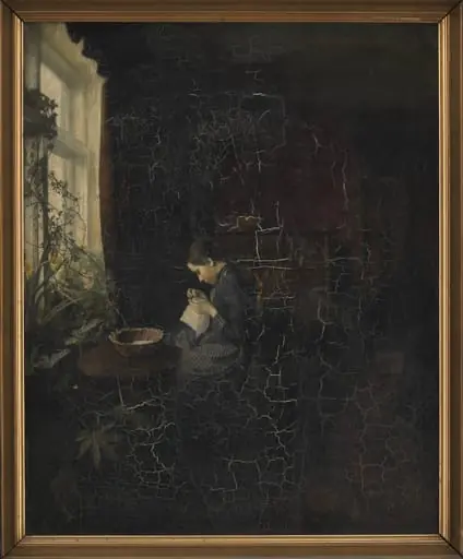 Interior with a Girl Sewing, by Unknown