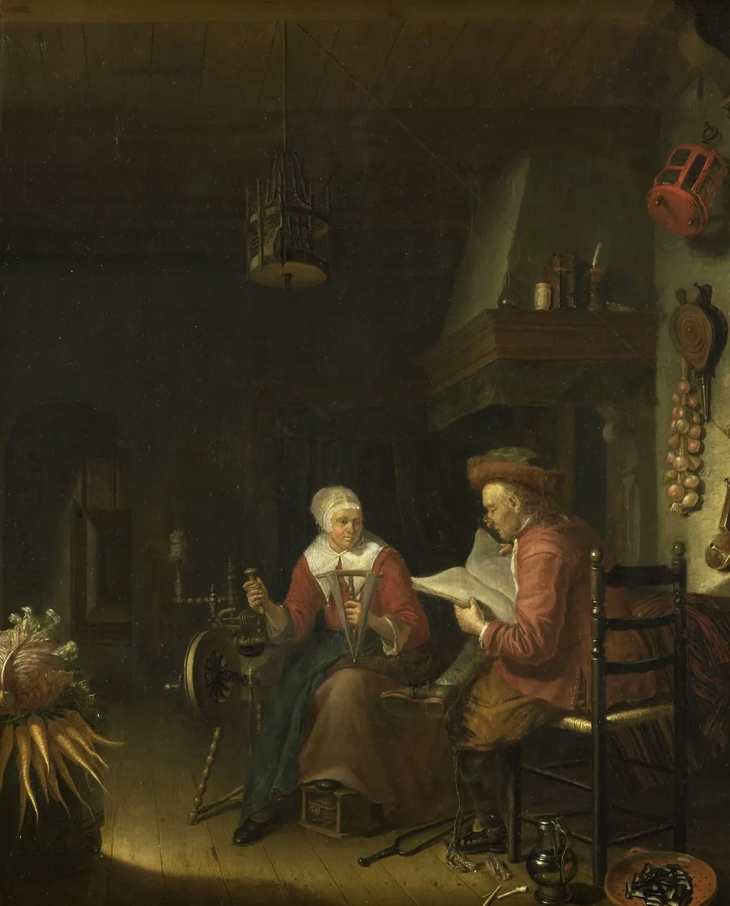 Interior with a man reading and a woman spinning yarn, by Unknown, unspecified, 1668