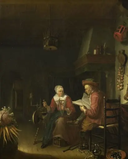 Interior with a man reading and a woman spinning yarn, by Unknown