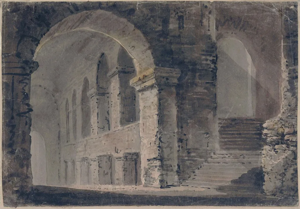 Interior with staircase, by Unknown, watercolor, 1750