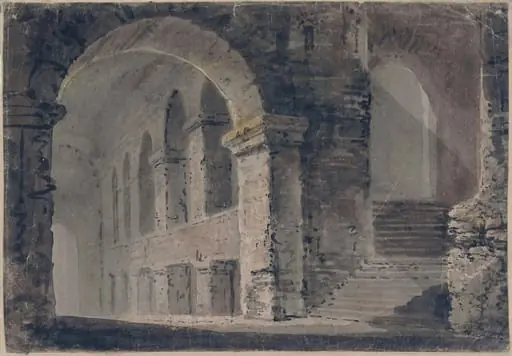 Interior with staircase, by Unknown