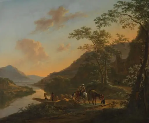 Italiaans landschap met overzetveer, by Unknown