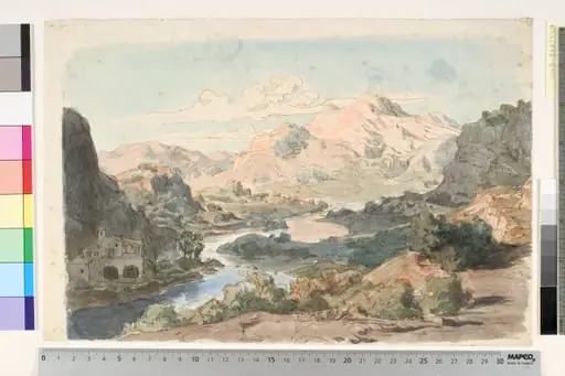 Italian Mountain Scene with River and a Building to the left, by Unknown