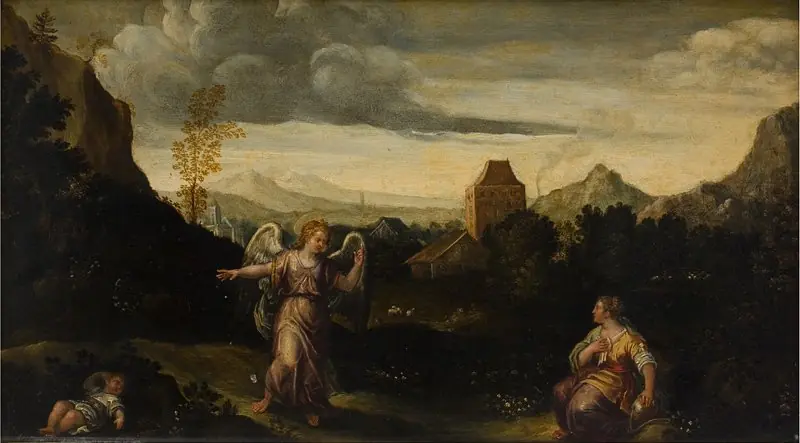 Italiensk landskab, i forgrunden Hagar, Ismael og en engel, by Unknown