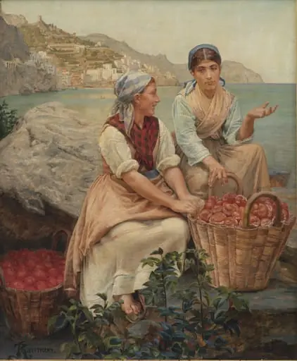 Italienske piger med tomater i kurve, by Unknown