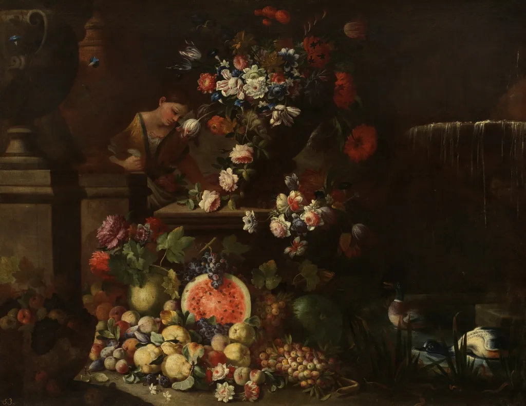 Jardín con flores y frutas, by Unknown, oil, 1601
