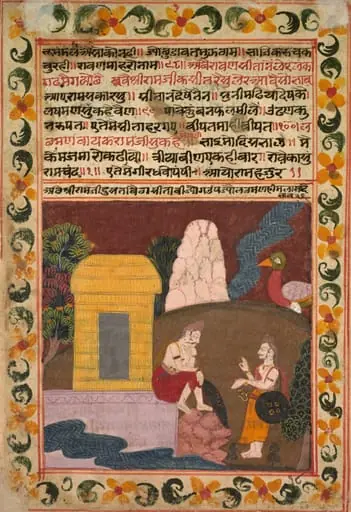 Jatayu approaches Rama and Lakshmana who are wondering where Sita could be, folio 18 (verso) from a Chandana Malayagiri Varta (Story of King Chandana and Queen Malayagiri) of Karamachand, by Unknown
