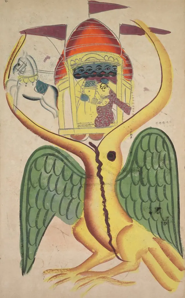 Jatayu hinders Ravana’s chariot, trying to prevent the abduction of Sita (recto), from a Kalighat album, by Unknown