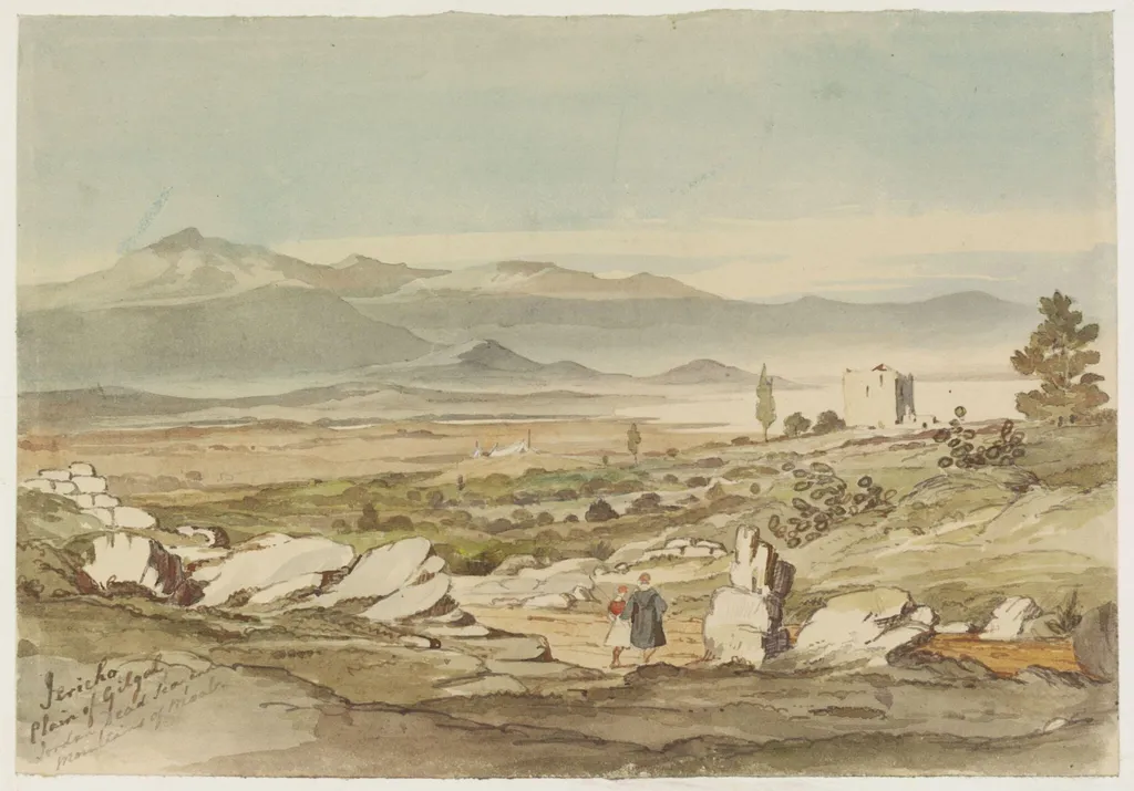 Jericho Plain of Gilgal, Jordan, Dead Sea, and Mountains of Moab, by Unknown, watercolor, 1844