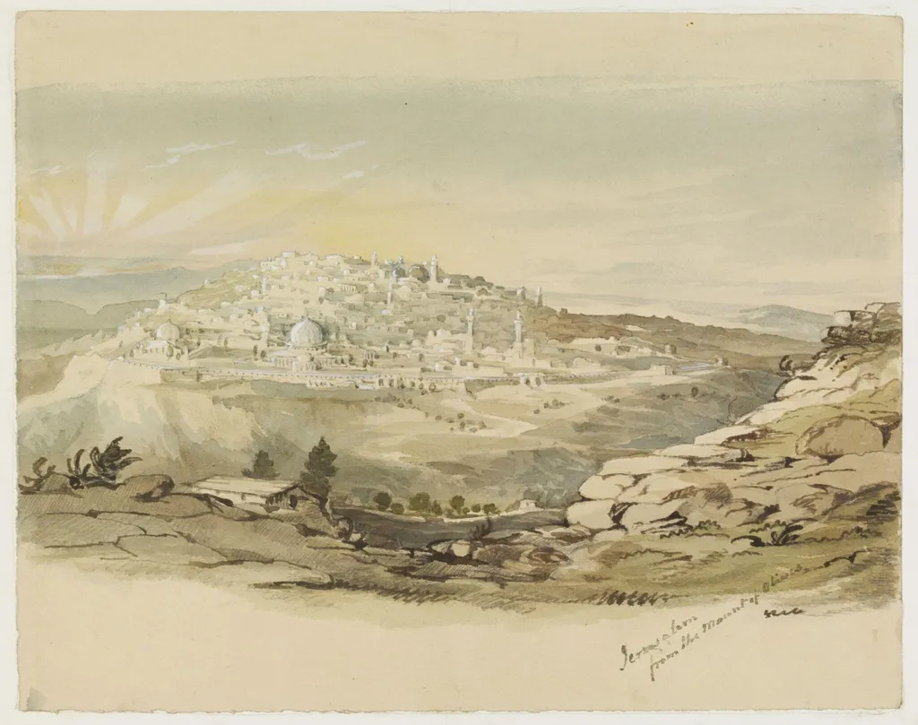 Jerusalem from the Mount of Olives, by Unknown, watercolor, 1844