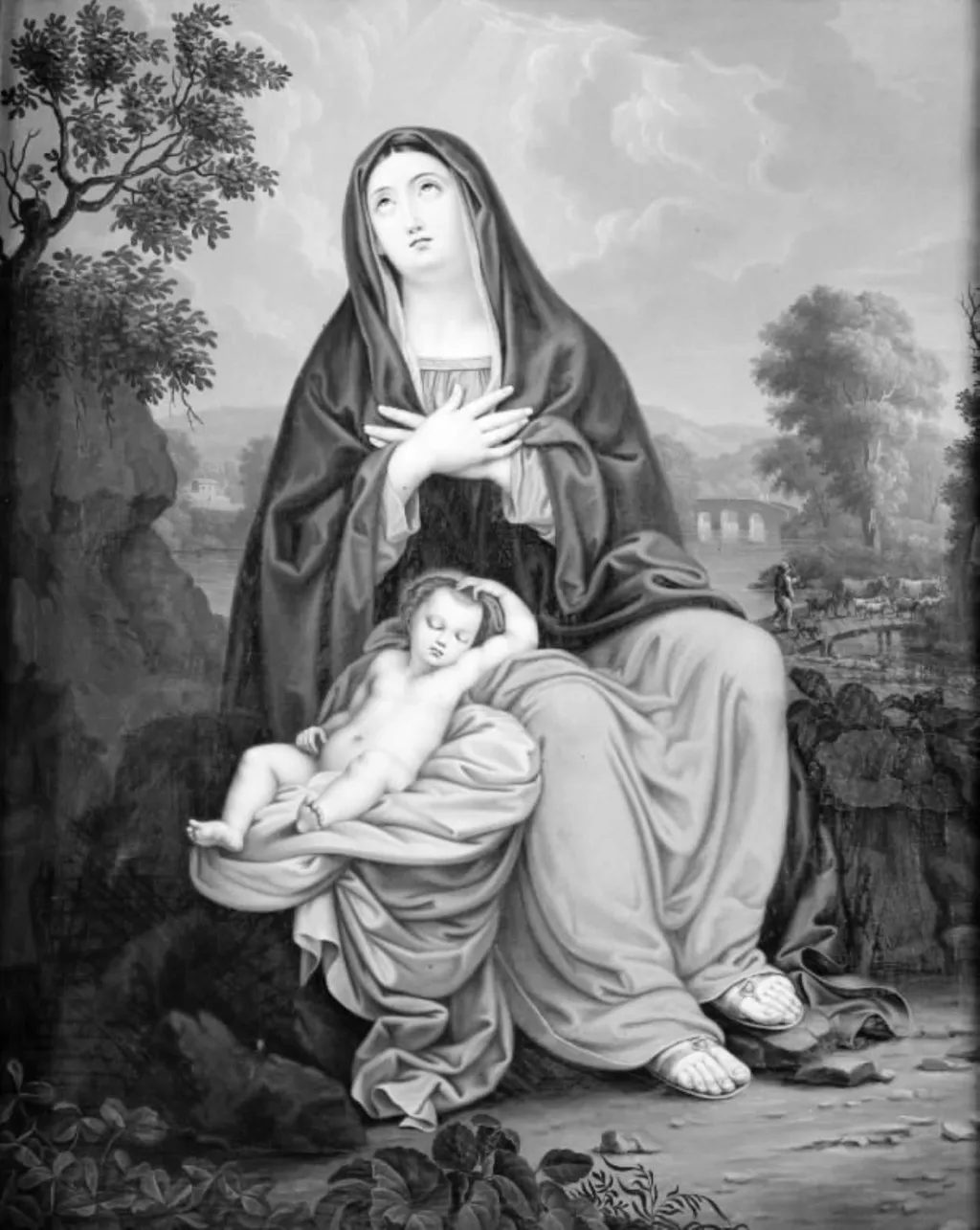 Jomfru Maria med det sovende Jesusbarn i et landskab, by Unknown, 1750