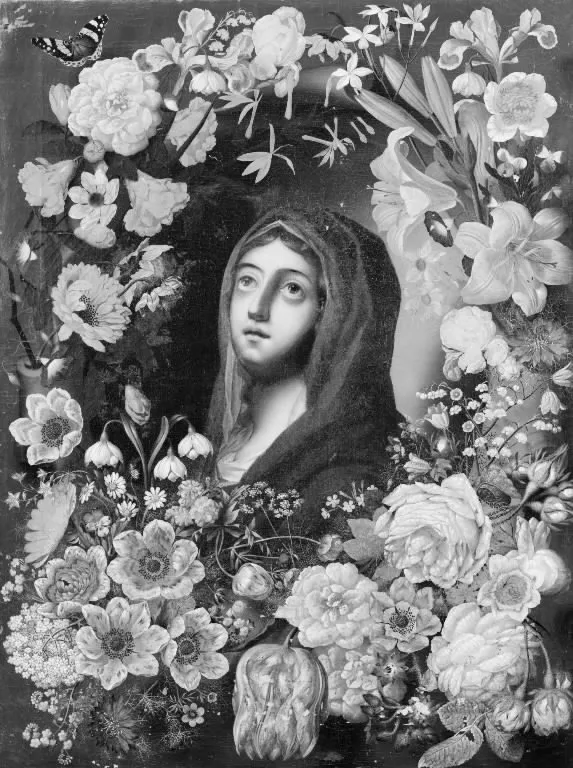 Jomfru Maria med et blåt slør, ses i en blomsterkrans, by Unknown, oil, 1750
