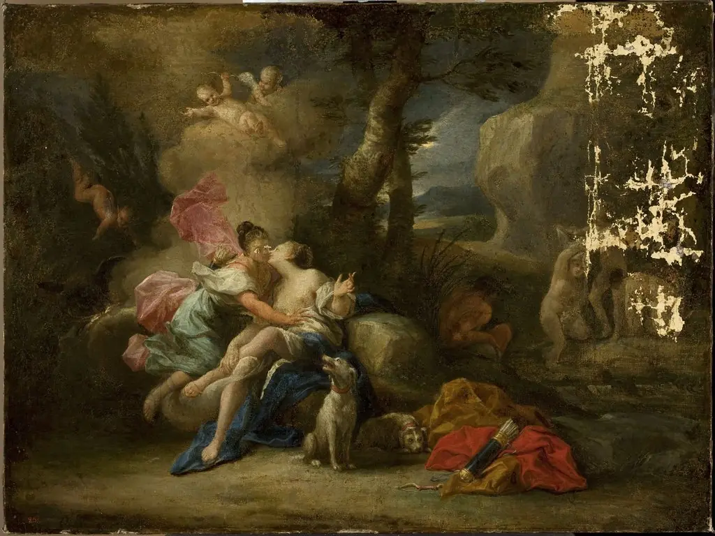 Jove disguised as Diana kisses nymph Callisto, by Unknown