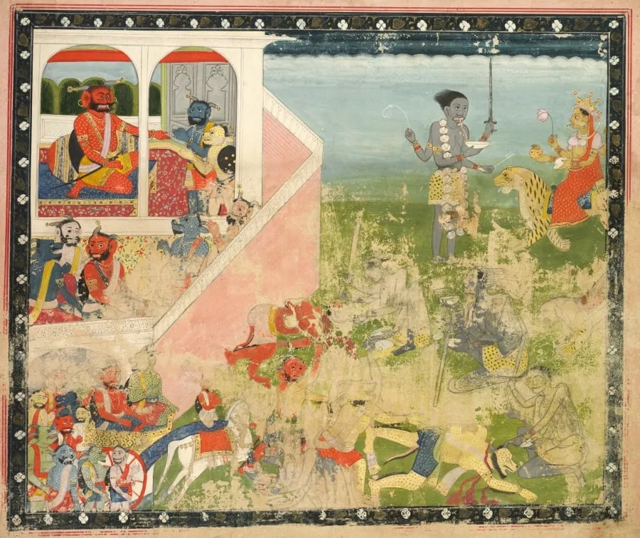 Kali and Devi attack, from a Devi Mahatmya, by Unknown, unspecified, 1840
