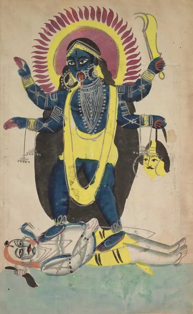 Kali Dancing on Shiva (recto), from a Kalighat album, by Unknown, 1896