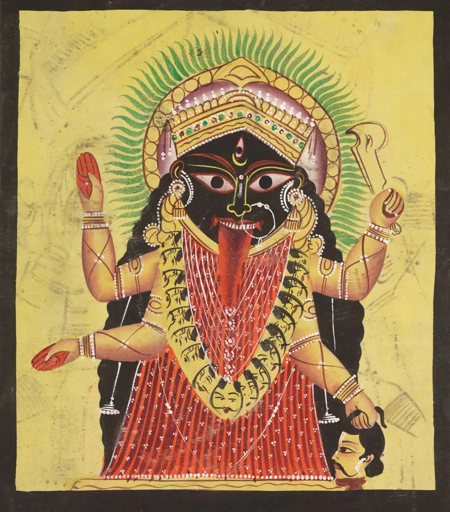 Kali Enshrined (verso), from a Kalighat album, by Unknown