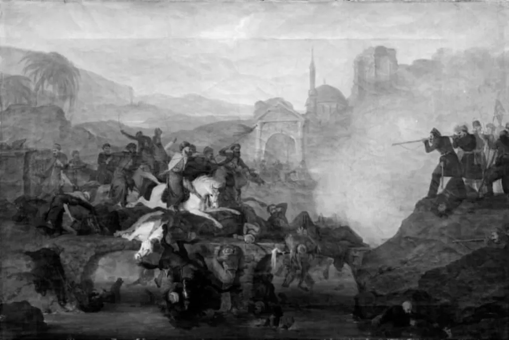 Kamp mellem tyrkere og grækere på en bro, by Unknown, 1820