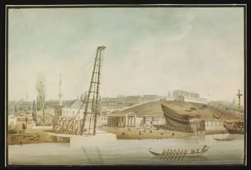 Kasim Pasa, the former Ottoman Naval Arsenal, showing a crane and a ship under construction, by Unknown