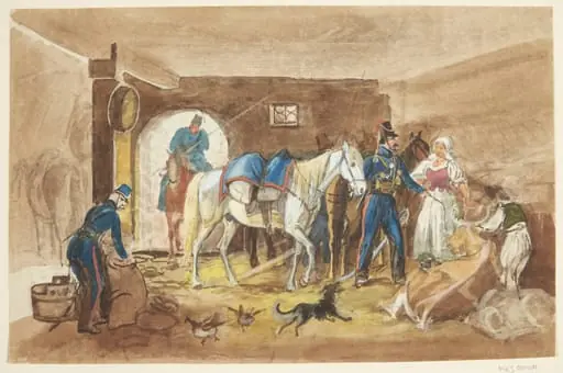 Kavalerister i en stald, by Unknown