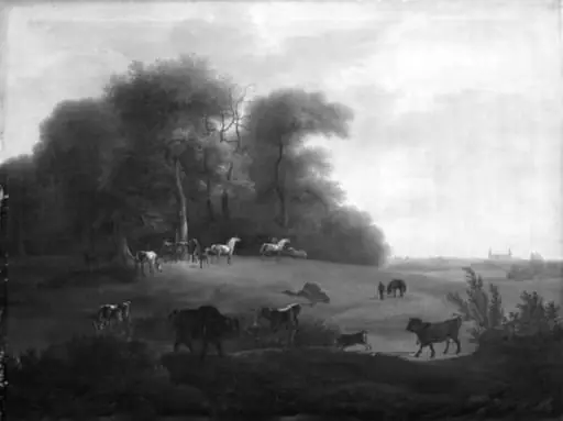 Keld Skov ved Frederiksborg med en del af det kongelige stutteri. I forgrunden schweizer- og tyrolerkvæg, by Unknown