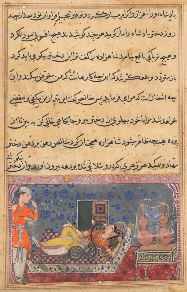 Khalis repays the prince for his kindness by changing into a snake and sucking the poison from the king’s daughter, from a Tuti-nama (Tales of a Parrot): Eighteenth Night, by Unknown