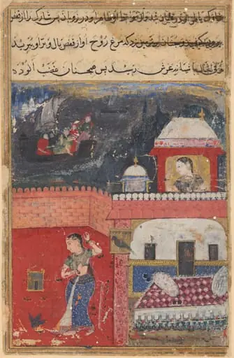 Khujasta kills the pet mynah who advises her not to be unfaithful to Maymun, her husband, from a Tuti-nama (Tales of the Parrot): First Night, by Unknown