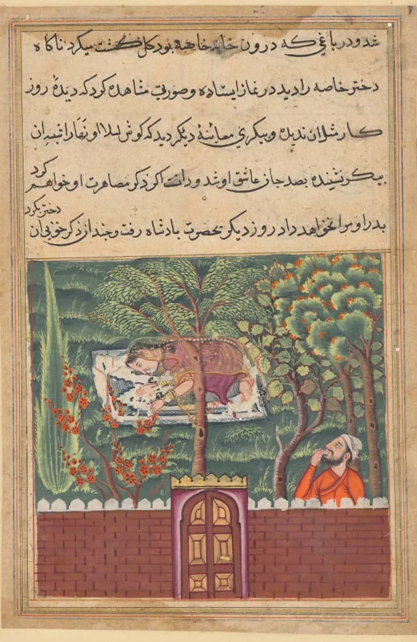 Khulasa, a vizier, sees the daughter of Khassa, another vizier, and covets her, from a Tuti-nama (Tales of a Parrot): Fifty-first Night, by Unknown, unspecified, 1560