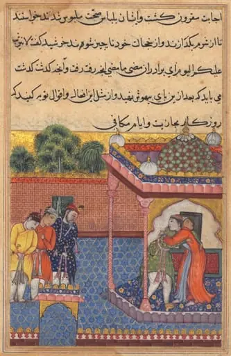 Khurshid reunited with her husband Utarid, from a Tuti-nama (Tales of a Parrot): Thirty-second Night, by Unknown