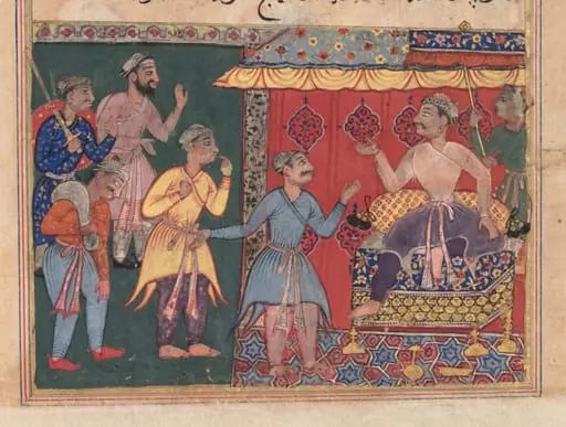 King Bhojaraja tries in vain to ascertain the whereabouts of the pearl from the four travelling companions, from a Tuti-nama (Tales of a Parrot): Twelfth Night, by Unknown