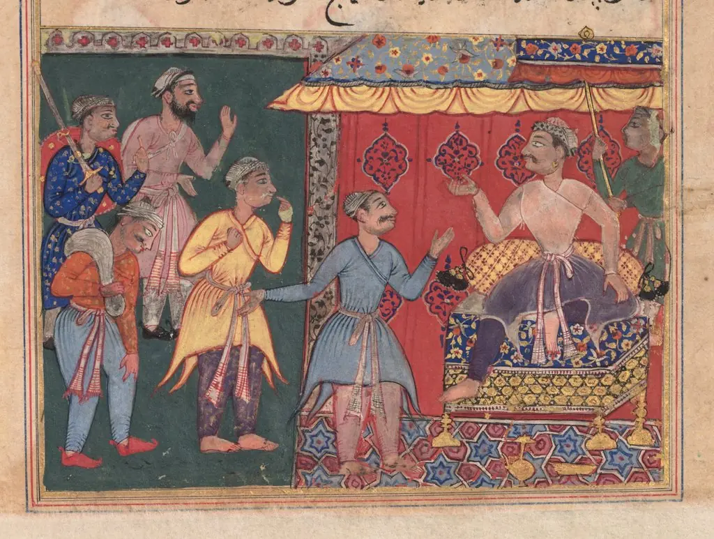 King Bhojaraja tries in vain to ascertain the whereabouts of the pearl from the four travelling companions, from a Tuti-nama (Tales of a Parrot): Twelfth Night, by Unknown