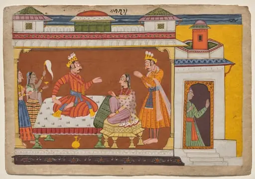 King Dasharatha sends his chief minister Sumantra to summon Rama, from the "Shangri" Ramayana, by Unknown
