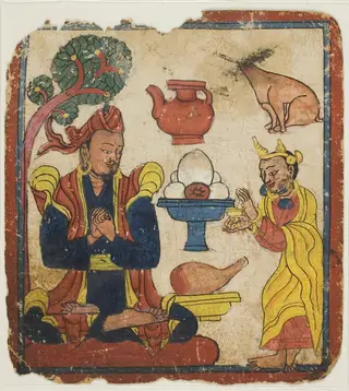 King Mangkur Nourished by Queen Devika, from a Set of Initiation Cards (Tsakali), by Unknown, 1400