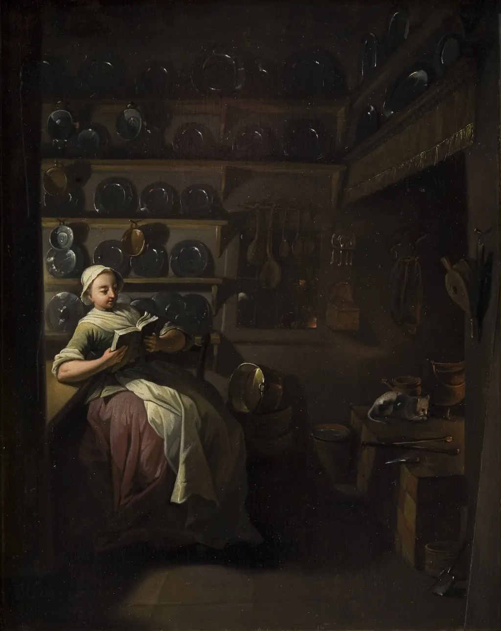 Kitchen Interior with a Girl Reading, by Unknown, 1764