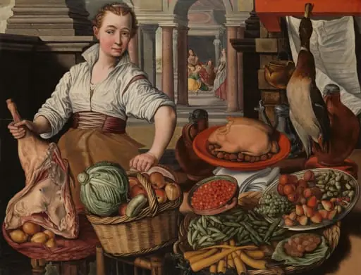 Kitchen Scene, with Jesus in the House of Martha and Mary in the background, by Unknown