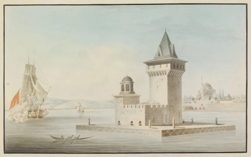 Kiz Kulesi (Leander's or Maiden's Tower) in the Bosphorus with Ayazma Camii near the shore at Üsküdar (Scutari), by Unknown, watercolor, 1820
