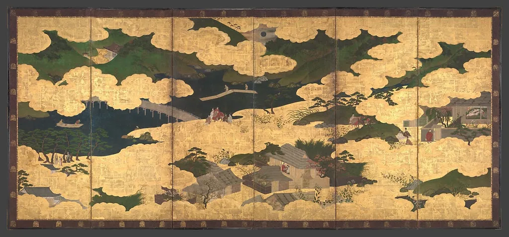 平家物語図屏風 「小督」 「大原御幸」|"Kogō" and "The Imperial Procession to Ōhara", from The Tale of the Heike (Heike monogatari), by Unknown, ink, 1618