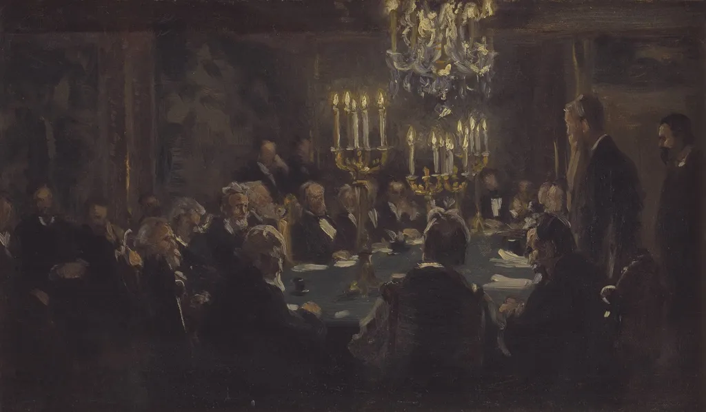 Kompositionsskitse til "Et Møde i Videnskabernes Selskab" i Videnskabernes Selskab, by Unknown, 1896