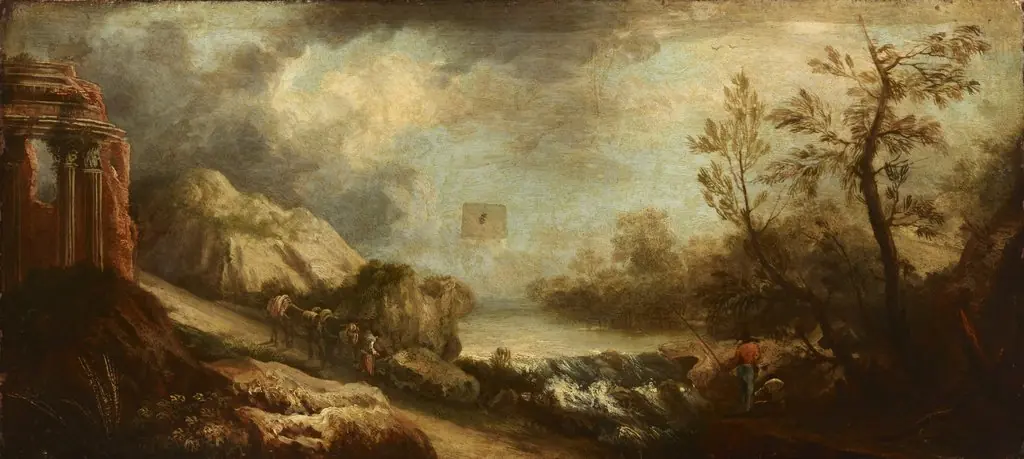 Krajobraz z rzeką i ruinami świątyni, by Unknown