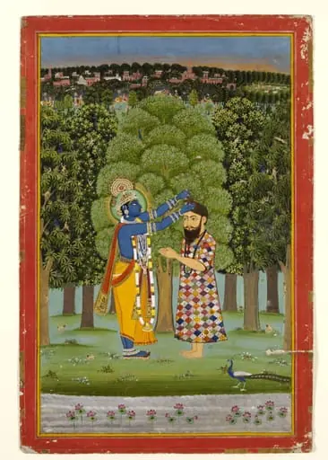 Krishna adorning the hair of a holy man, by Unknown